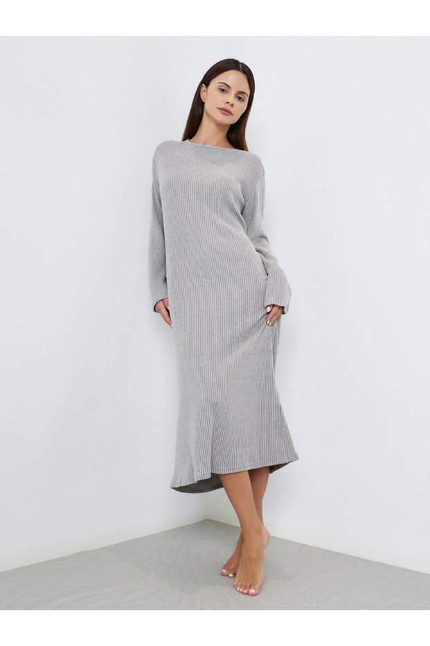 Round Neck Rib Long Sleeve Sleep T-Shirt Dress