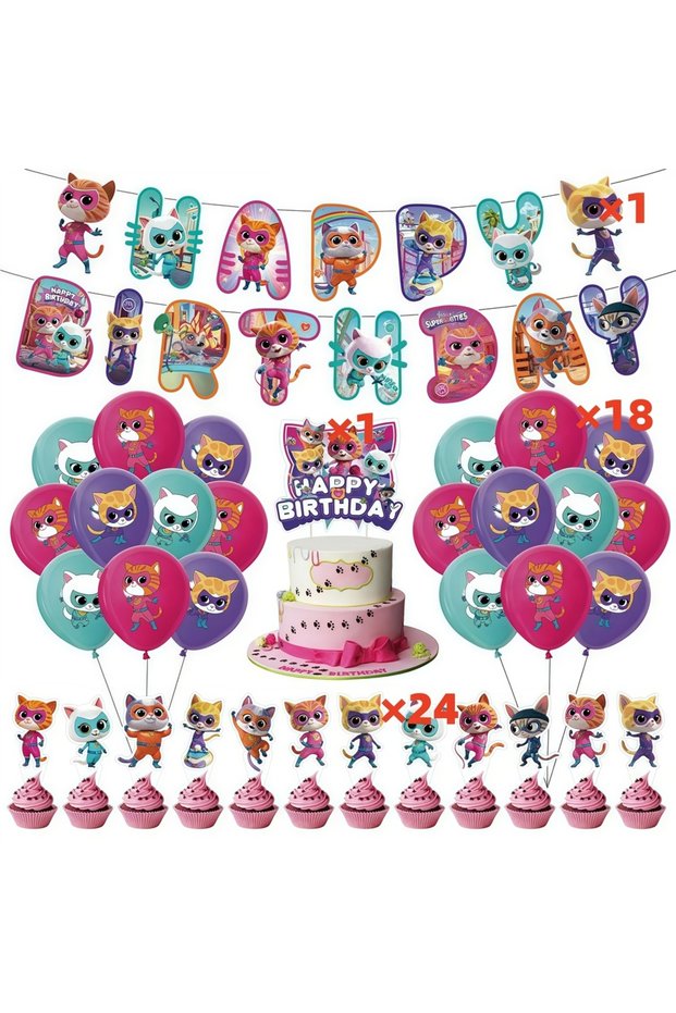 12inch 1set-44pcs SuperKittyed Birthday Party Supplies Cartoon Cat Disposable Tableware Paper Cup Pl