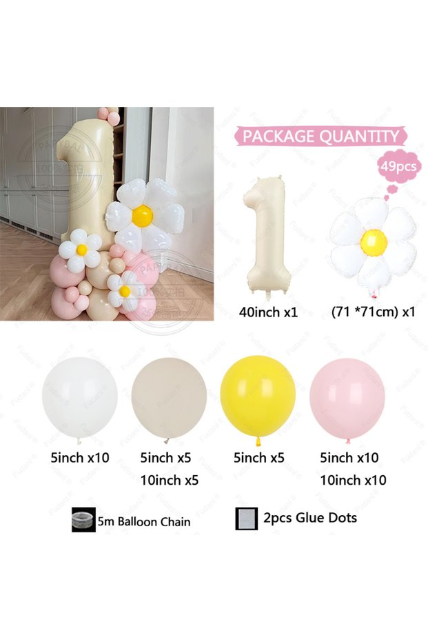 40inch NO.1 49pcs Daisy Flower Balloons Tower 40inch White Number Balloon for Adults Happy Birthday