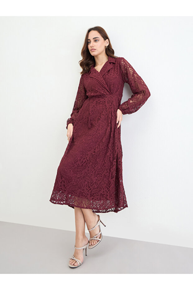 Burgundy Lace Wrap Midi Dress