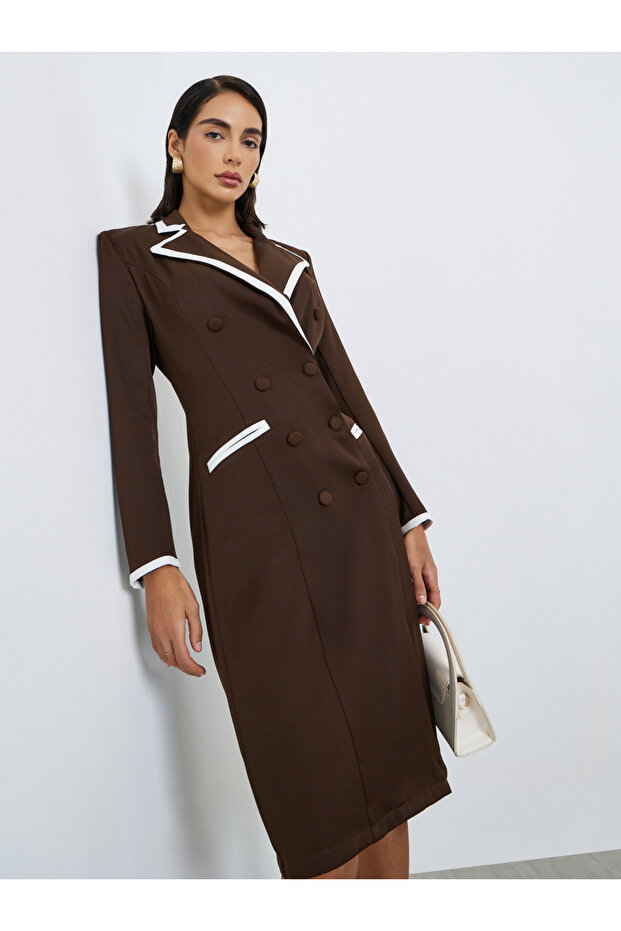 Brown Contrast Piping Blazer Knee Length Dress