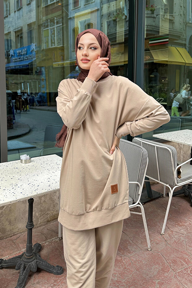 Minimal Düz Basic Sweat - Bej - 8