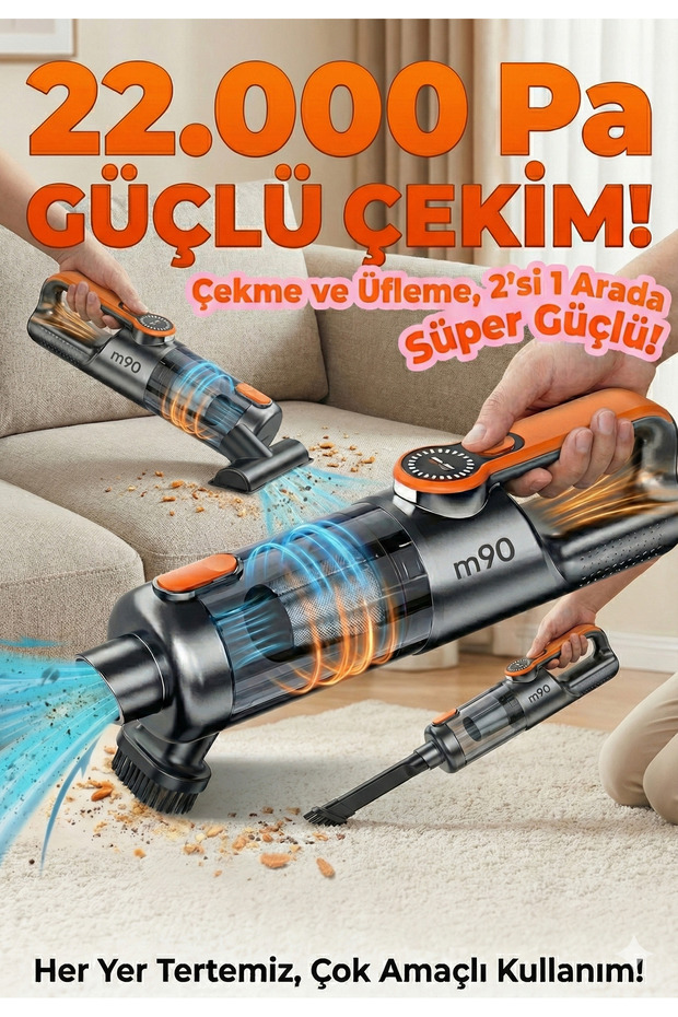 M90 PRO Işıklı Araç Süpürgesi Kablosuz 22.000 Pascal Çekim Gücü Vakum ve Üfleme 2in1 10Başlık