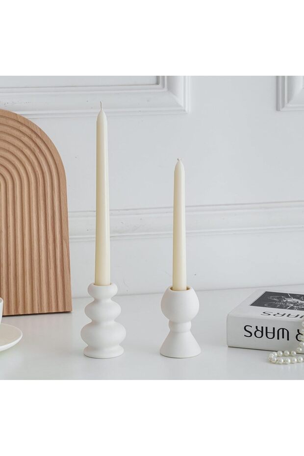 Gratify Matte Boho Taper Ceramic Candle Holders Set of 2 (White)