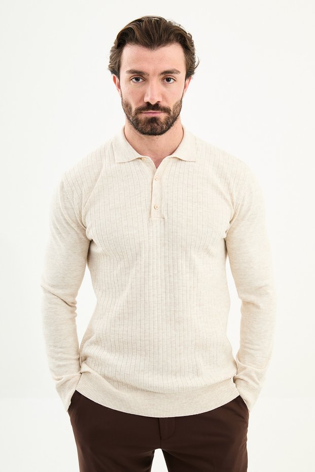 Corded Fabric Slim Fit Polo Neck Men's Knitwear Sweater Beige - 11573.25K