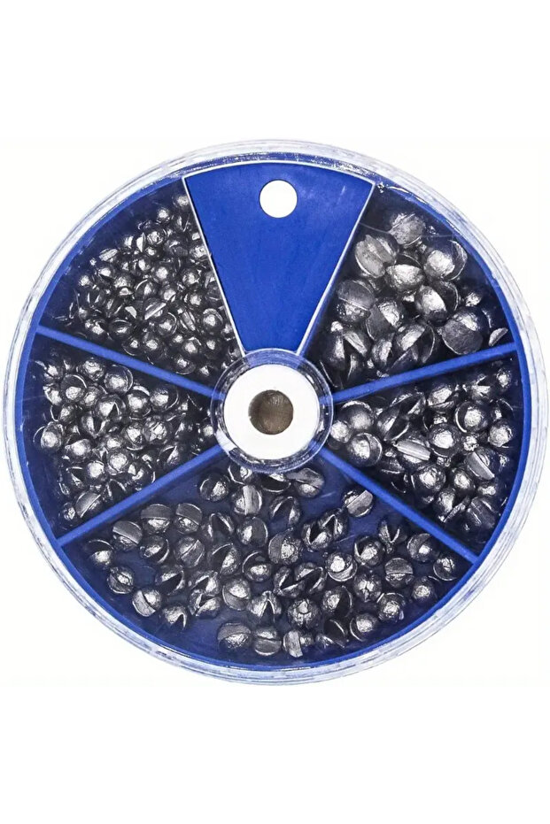 a box of 5 Sizes Round Split Shot Lead Weight Sinkers - Removable Fishing Weights for Various Fishin