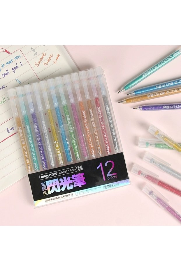 12 colors Metallic Glitter Gel Pens - Pens For Scrapbook, Journals or Drawing DIY Projects - Colored