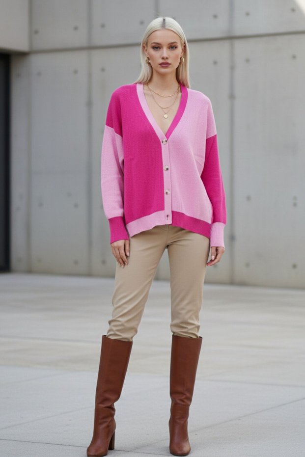 Women's Fuchsia-Pink Oversized Soft Textured Relaxed Fit Buttoned Knitwear Cardigan - Women's Cardigan
