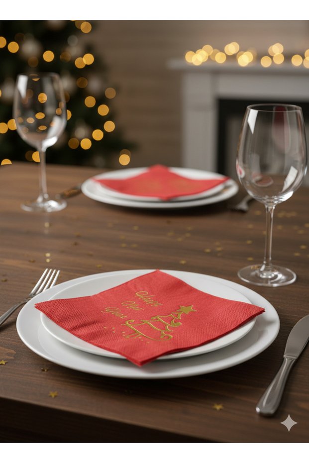 16-Piece New Year Themed Double-Layered Napkins - Happy New Year Gold Foil Red Luxury Table Napkins Set