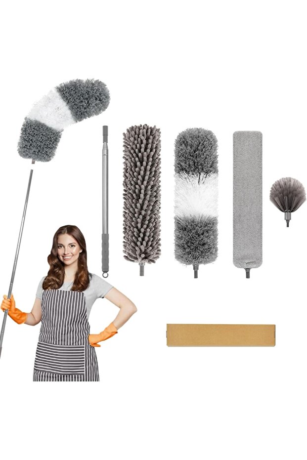 Extendable 5-Piece Fan Duster Set with Cobweb, Damp and Feather Dusters