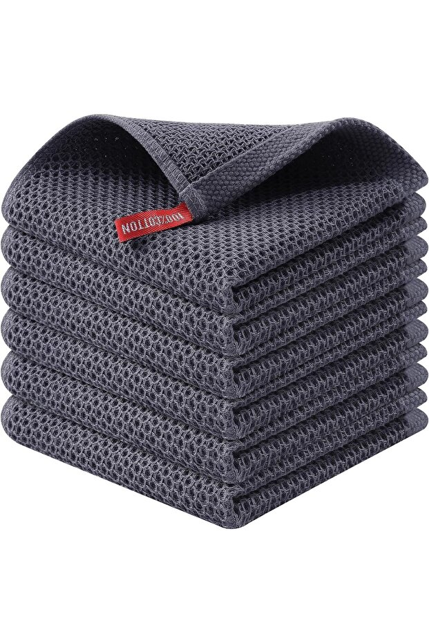 100% Cotton Waffle Weave Kitchen Dish Cloths, 12x12 in, 6-Pack, Dark Grey