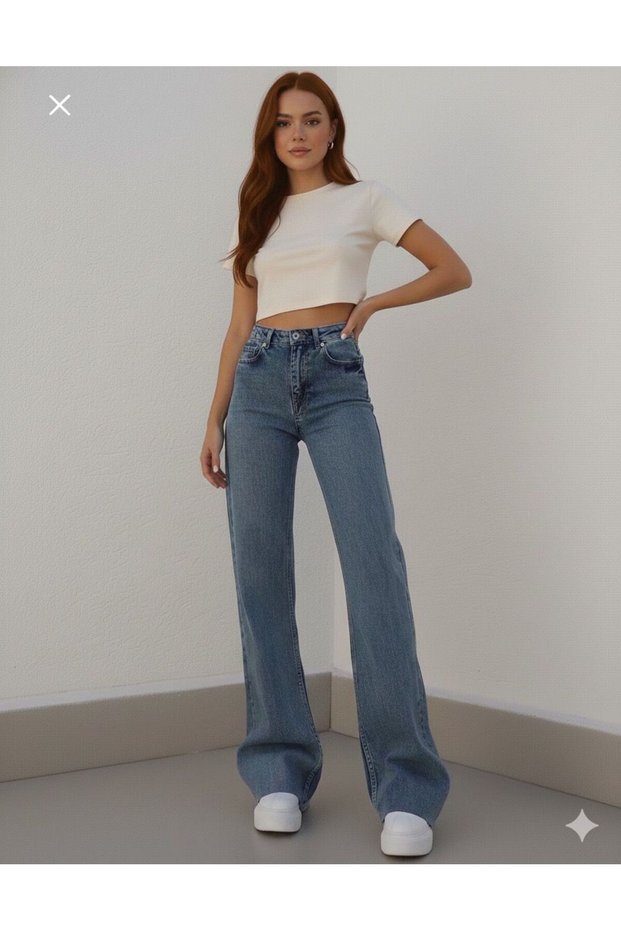 Zayn Stretch Fabric Casual Women's Medium Blue Super High Waist Loose Leg Denim Jeans