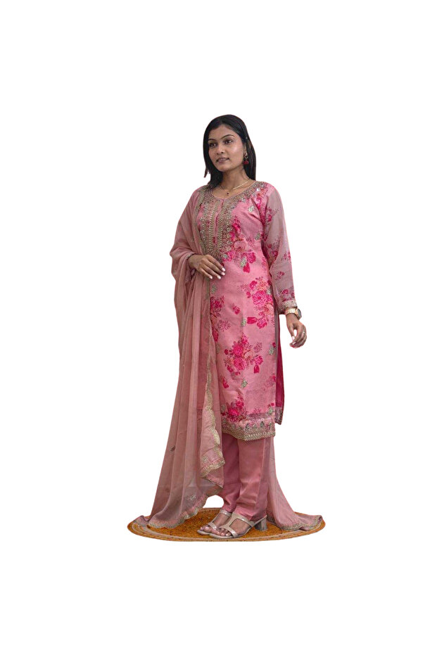 Light Pink Organza Salwar Kameez & Dupatta Set - HRT5690 | Light Pink