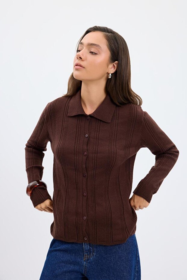 Corded Fabric Knitted Sweater Cardigan Brown