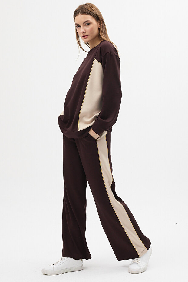 Brown-Beige Color Block Modal Fabric Tracksuit Set with Gold Piping Detail