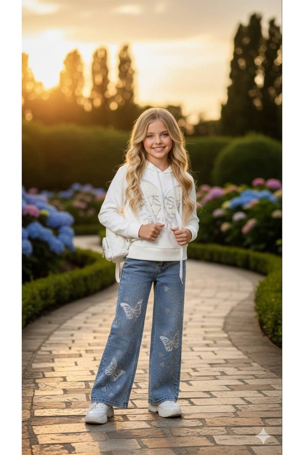 Girl's Stone Detailed Hooded Piece Set - 100% Cotton - Holiday Wear