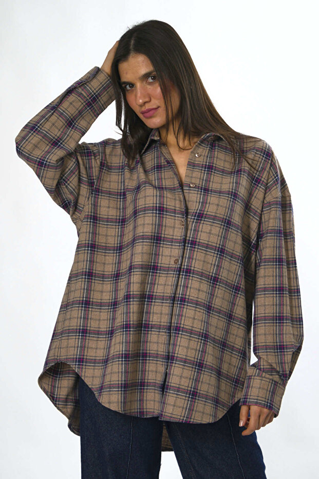 Kadın Oversize Ekose Gömlek - 4