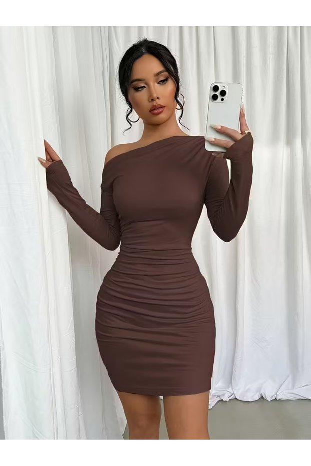 Single-Shoulder Draped Bodycon Mini Dress - Stretchy Fabric - Winter/Transitional