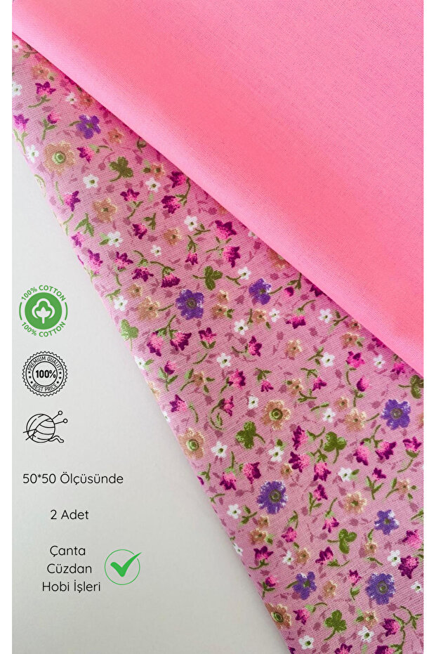 2 Pieces of 50 cm Pink Gingham, Floral Patterned Cotton Fabric for Bags, Wallets, Hobby Work