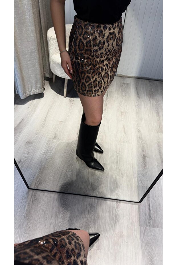 PULLU PAYETLİ LEOPAR ŞORT ETEK - 4