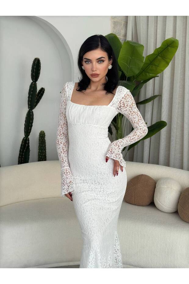 Drape Yaka Dantel Balık Elbise - 6