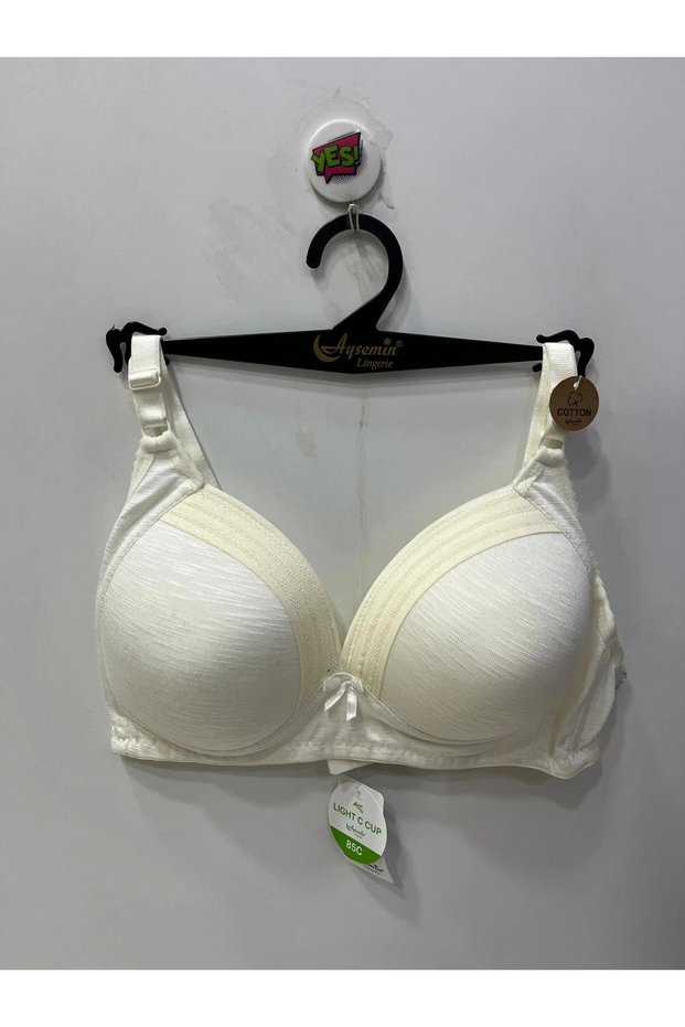 Women's Underwire-Free Cotton Shaping / Sculpting Striped Detail Ecru Bra