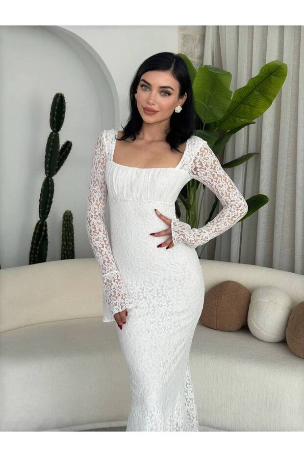 Drape Yaka Dantel Balık Elbise - 4