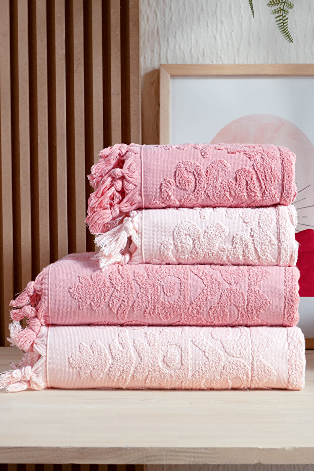 4-Piece Turkish Bath Set 100% Cotton (2 Pieces 70X140 Size, 2 Pieces 50X90 Hand, Face, Hair Towels) with Tie, 1250Gr