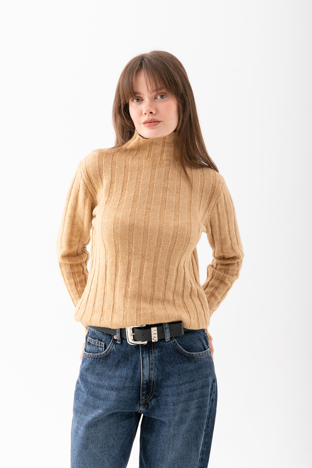 Knitwear Ribbed Badi - Comfortable Regular Fit Ribbed Knitwear Sweater - Women's Basic Turtleneck Knitwear Sweater