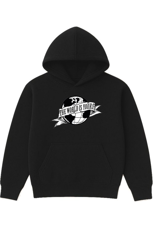 The World Is Design Printed Oversized Black Hooded Sweatshirt
