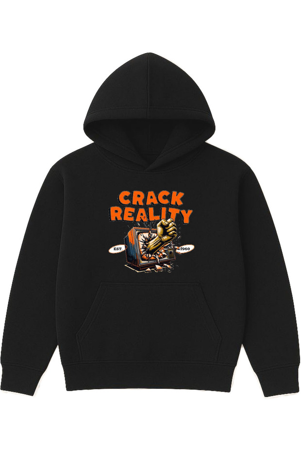 Crack Reality Design Printed Oversized Black Hooded Sweatshirt
