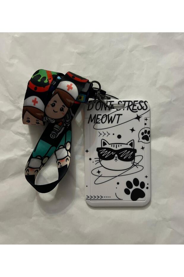 "Don'T Stress Meowt" Cat Neck Strap with Printed Card Protectors and Nurse Figure