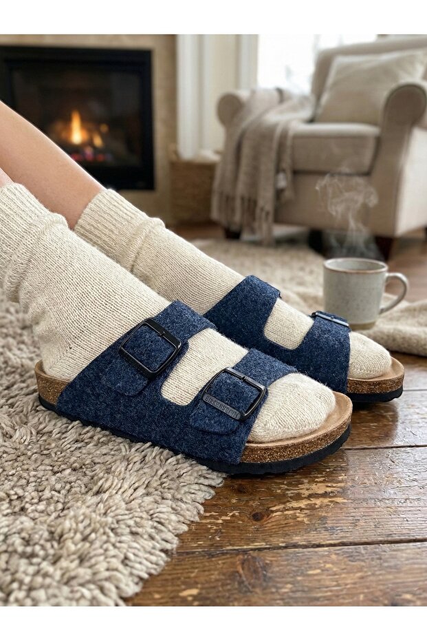 Unisex Anatomical Natural Cork Sole Genuine Wool Felt House Slippers