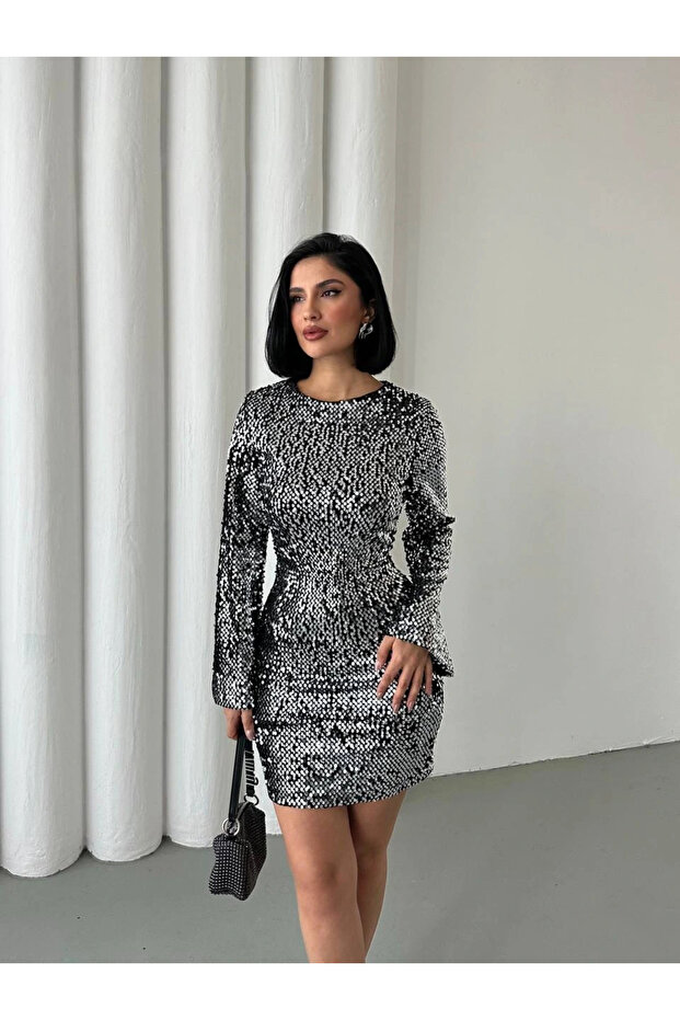 Payetli Midi Elbise Gümüş - 4