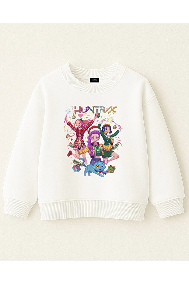 Kpop Demon Hunters Huntrix Rumi Zoey Mira New Year's Themed Printed Oversized Girls' Sweatshirt