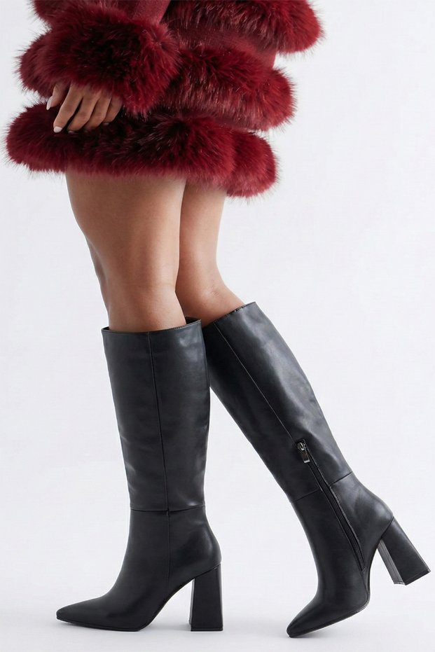 Agnia Black Matte Zipper Detail Heeled Women's Boots