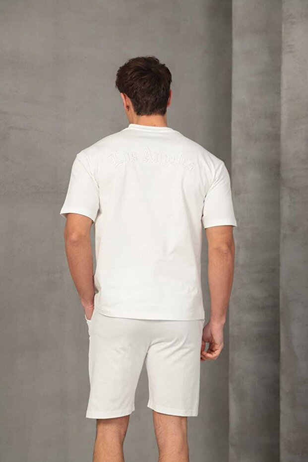 طقم شورت رجالي أساسي مطرز - أبيض - 2