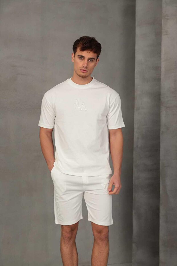 طقم شورت رجالي أساسي مطرز - أبيض - 4