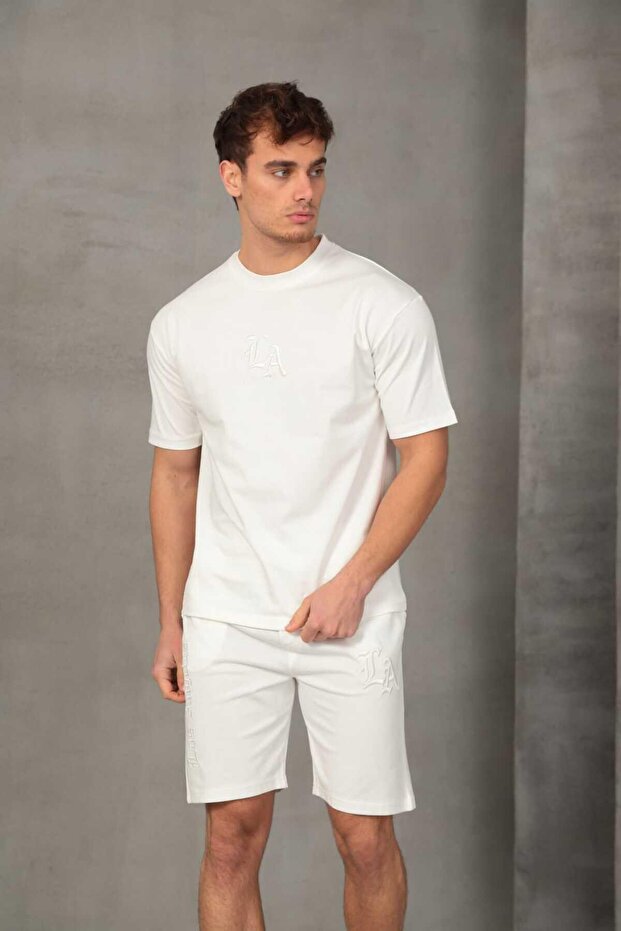 طقم شورت رجالي أساسي مطرز - أبيض - 1