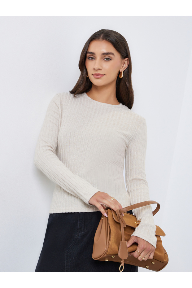Beige Ribbed Knit Long Sleeve Top