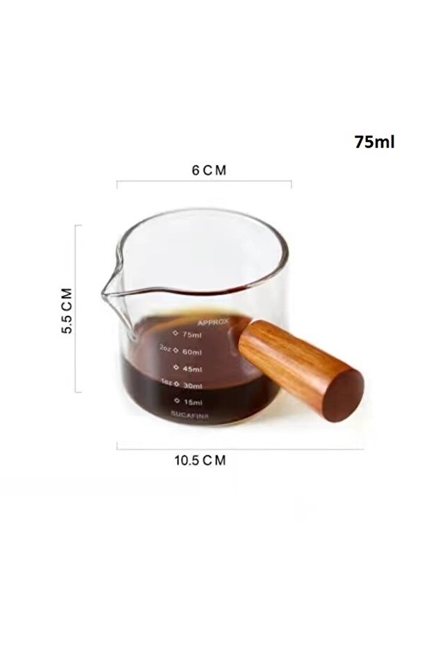 75ml A Heat-Resistant 75ML Glass Coffee Measuring Cup with Wooden Handle & Scale – Milk Jug for Espr