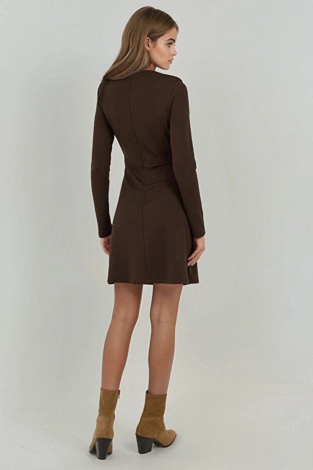 Yuvarlak Yakalı Drapeli Mini Elbise - 4