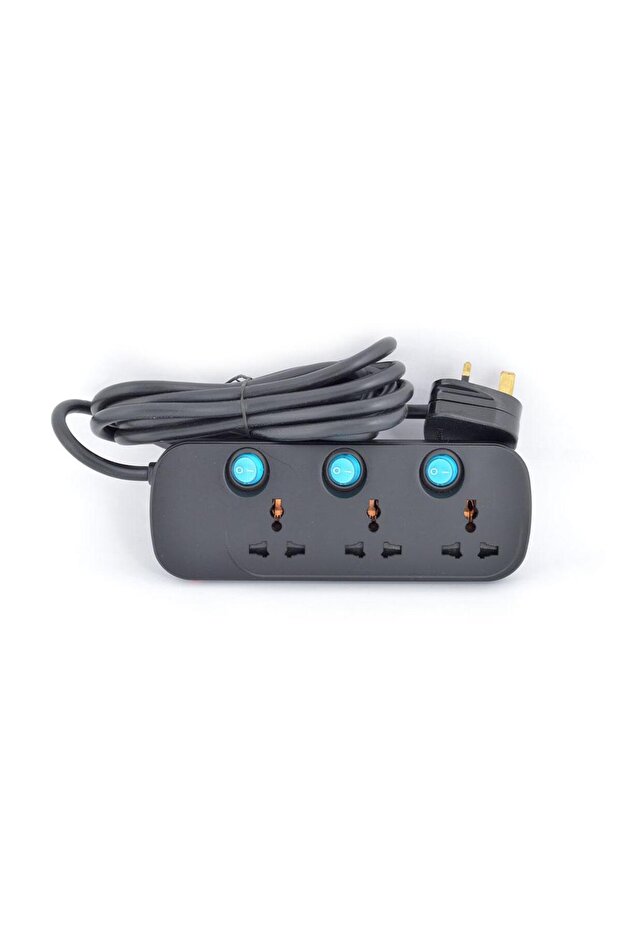 3 Way Power Socket With Black Body, Blue Individual Switches, 1.25mm² Cable 3M & 13A Fused Plug