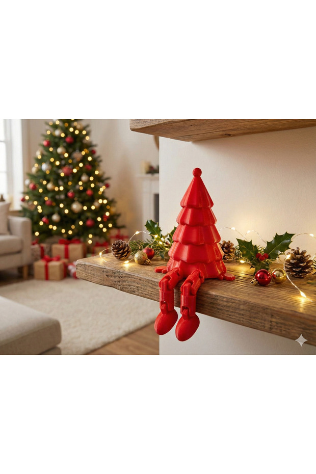 Red Christmas Decorative Sitting Pine Figure – New Year Table and Shelf Ornament