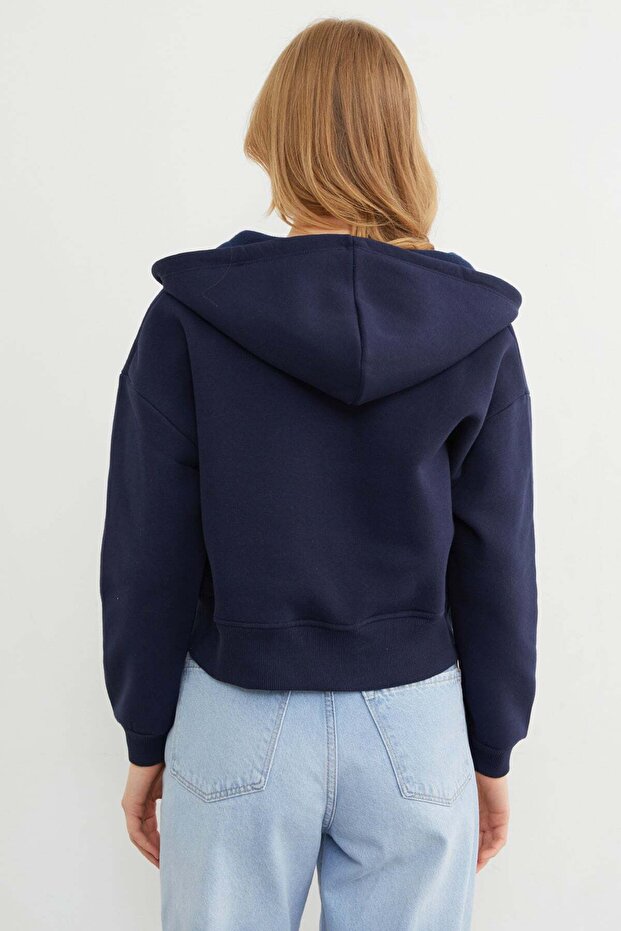 Basic Fermuarlı Kapüşonlu Crop Sweatshirt - 8