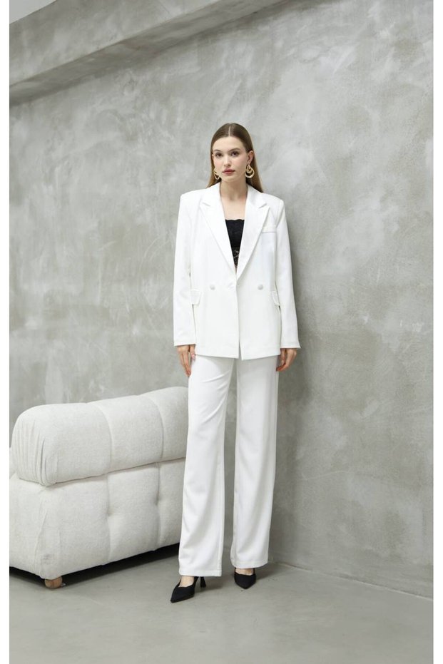 Women's Satin Detailed White Jacket and Trousers Suit