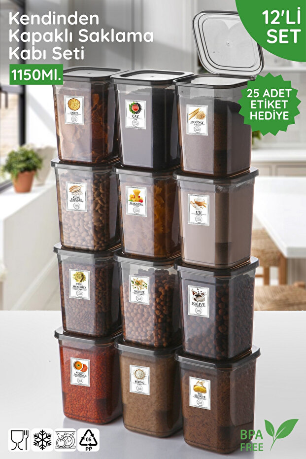 Set of 12 with Labels Gift with Self-Covering Lid 1150ml. Square Storage Container - Microwave and Freezer Safe