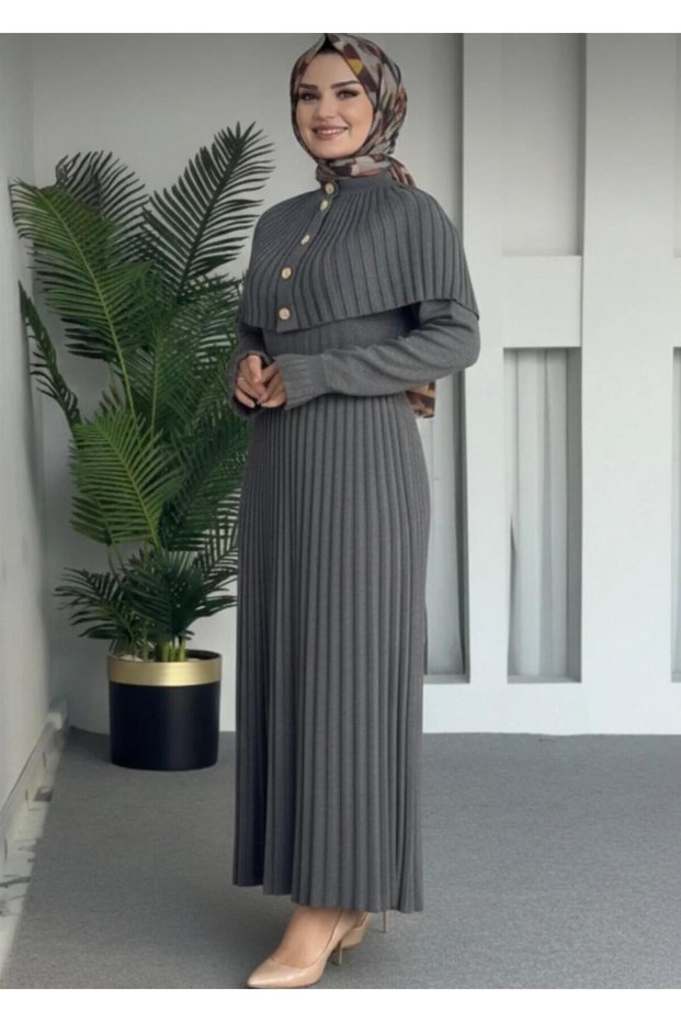 Dgn's Women's Tricot Dress with Caped Button Detail and Pleated Dress
