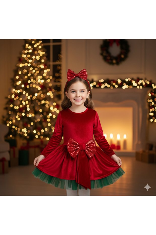 5-7 Years Old Velvet Red Bow Green Tulle Luxurious New Year's Children's Costume
