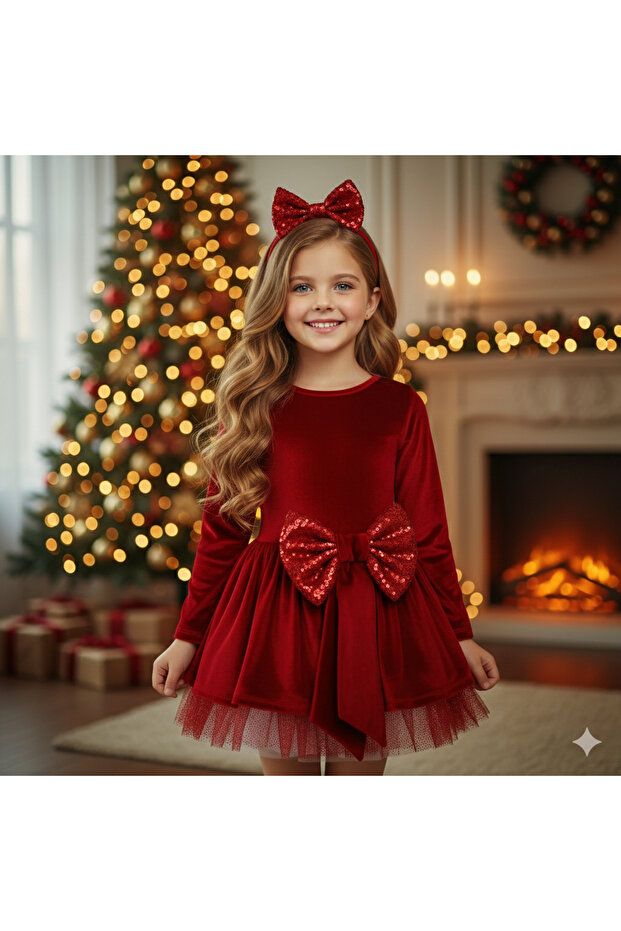 5-8 Years Old Red Velvet Sequin Bow Christmas Special Costume – with Buckle Gift